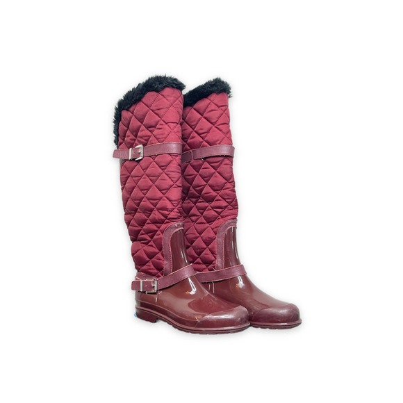 Michael Kors Red Fulton Quilted Rain Snow Boots, MK Burgundy Over The Knee Shoe - Picture 2 of 10
